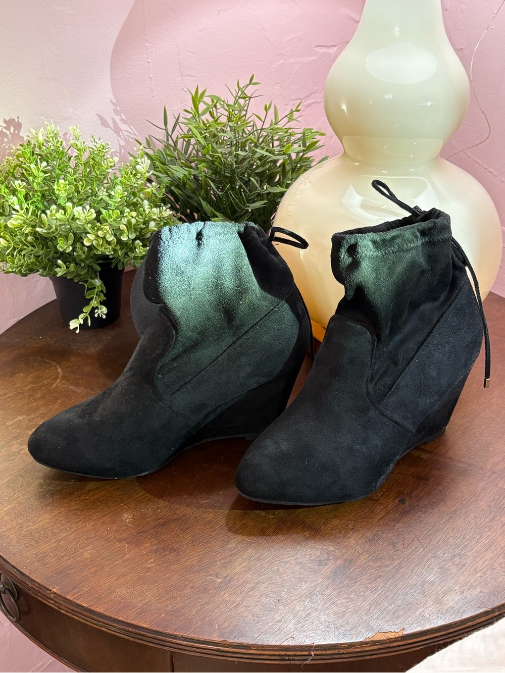 Women's Black Suede Wedge Ankle Booties - Classic Style